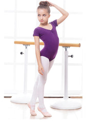 Purple Short Sleeve Buttons Crotch Closure Leotard